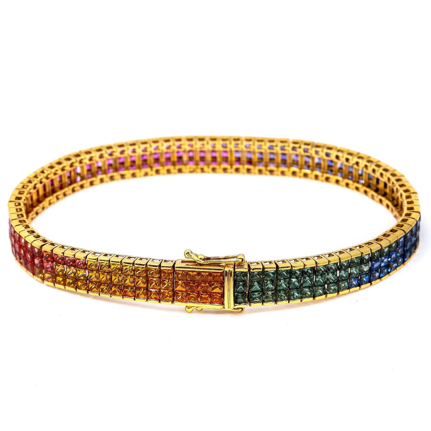 14K YELLOW GOLD GEMSTONE RAINBOW BRACELET 15.5 CT CRYSTAL COLOR STONES